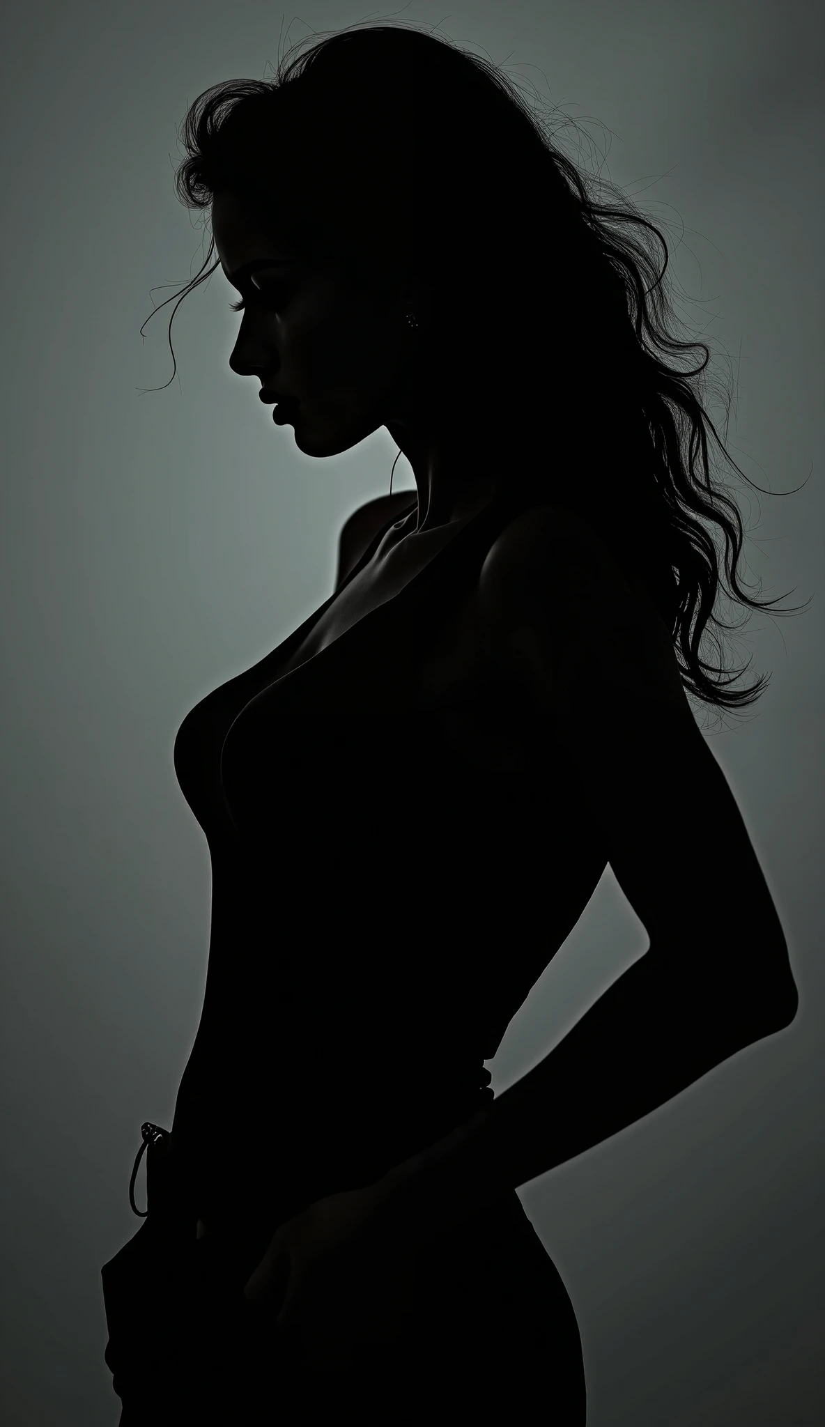 Best quality, masterpiece, ultra high res, (photorealistic:1.4), raw photo, 1girl, waist up, deep shadow, dark theme, cinematic, beautiful girl, beautiful eyes, turned back
