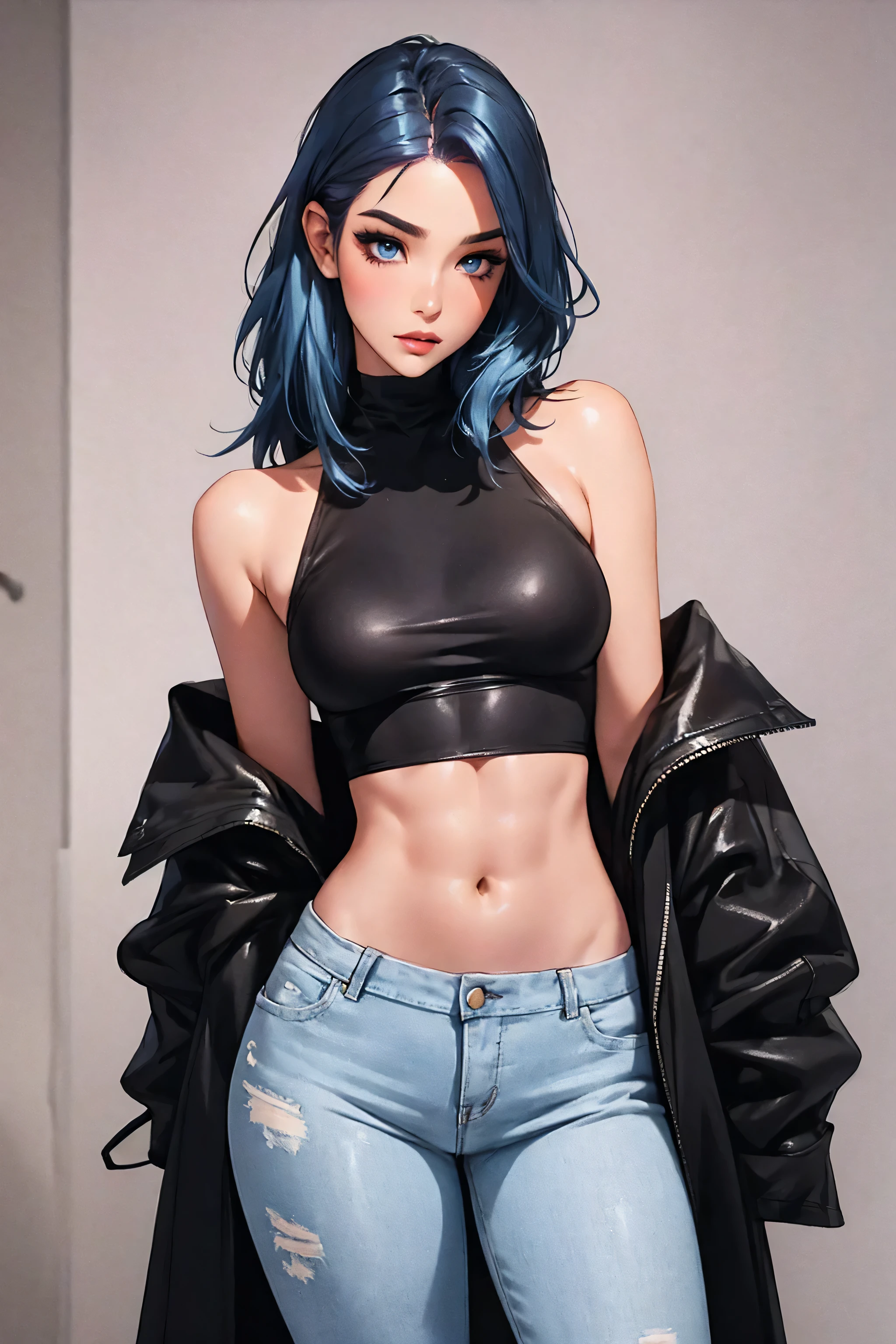 photorealistic, high resolution, 1 futa, solo, hips_up, hips up, beautiful eyes,dark makeup, influencer, thot, blush,  look at viewer, close lips, detailed face, light blue hair with black roots, gradient hair, medium hair,, , (caught changing clothes), shiny skin, wet skin, slender body, dark makeup, abs, slender, hair  ((slut)), small boobs