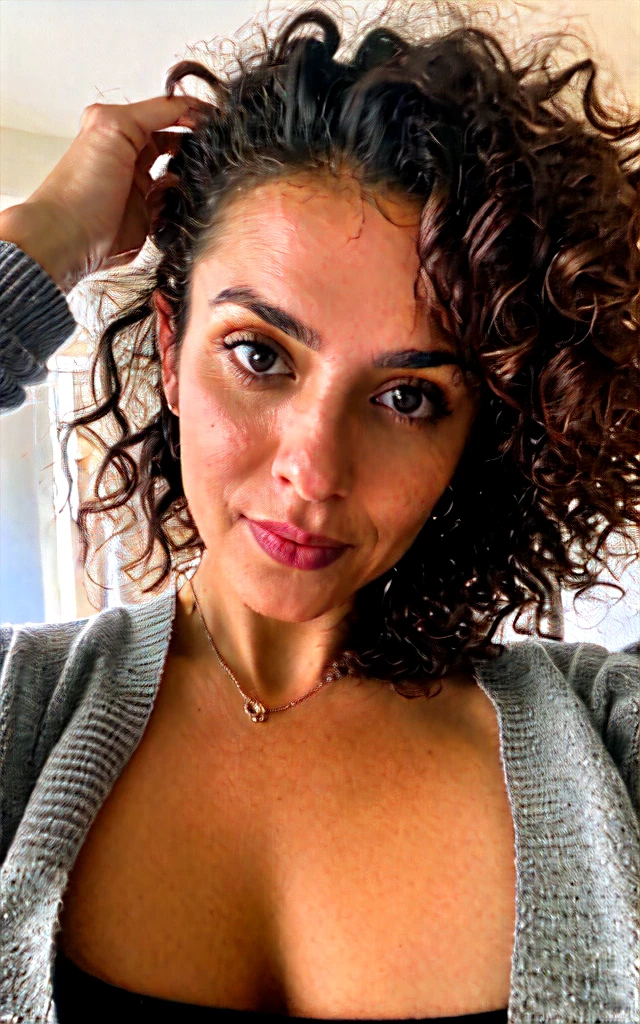 woman, brunette, curly hair, taking a selfie, with a pink shirt, 40 years old, in a house with a TV, on the sofa, woman with curly hair, and high quality makeup, black