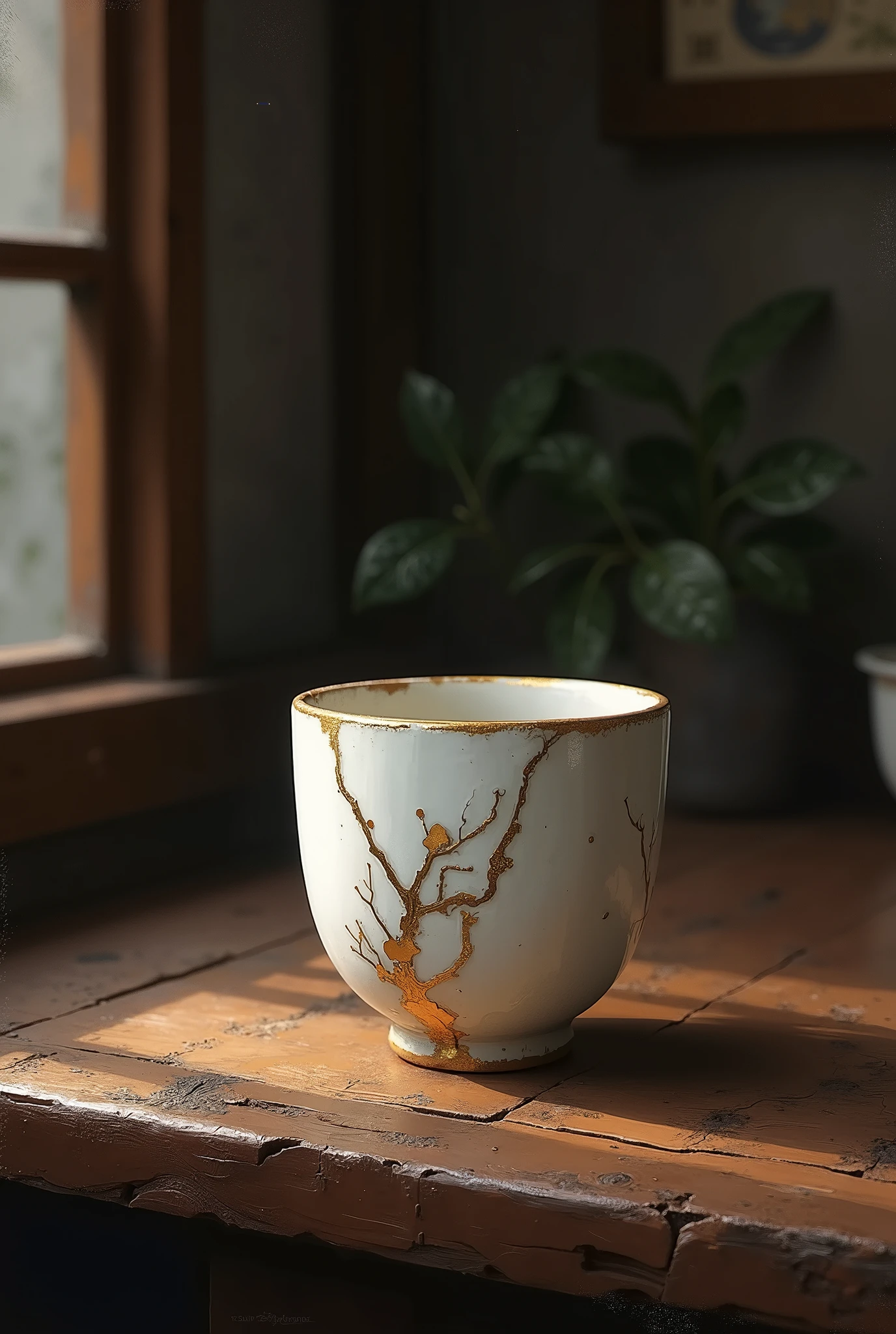 painting inspired by Tomer Hanuka and Victor Mosquera. a rustic white ceramic tea pod repaired with the kintsugi technique, symbolizing imperfection, beauty and a story. the scenery is a table on a ancient house at the tea hour. detailed, nostalgy scenery, detailed art, dark analog palette color, detailed painting, best quality, dynamism, videogame art.