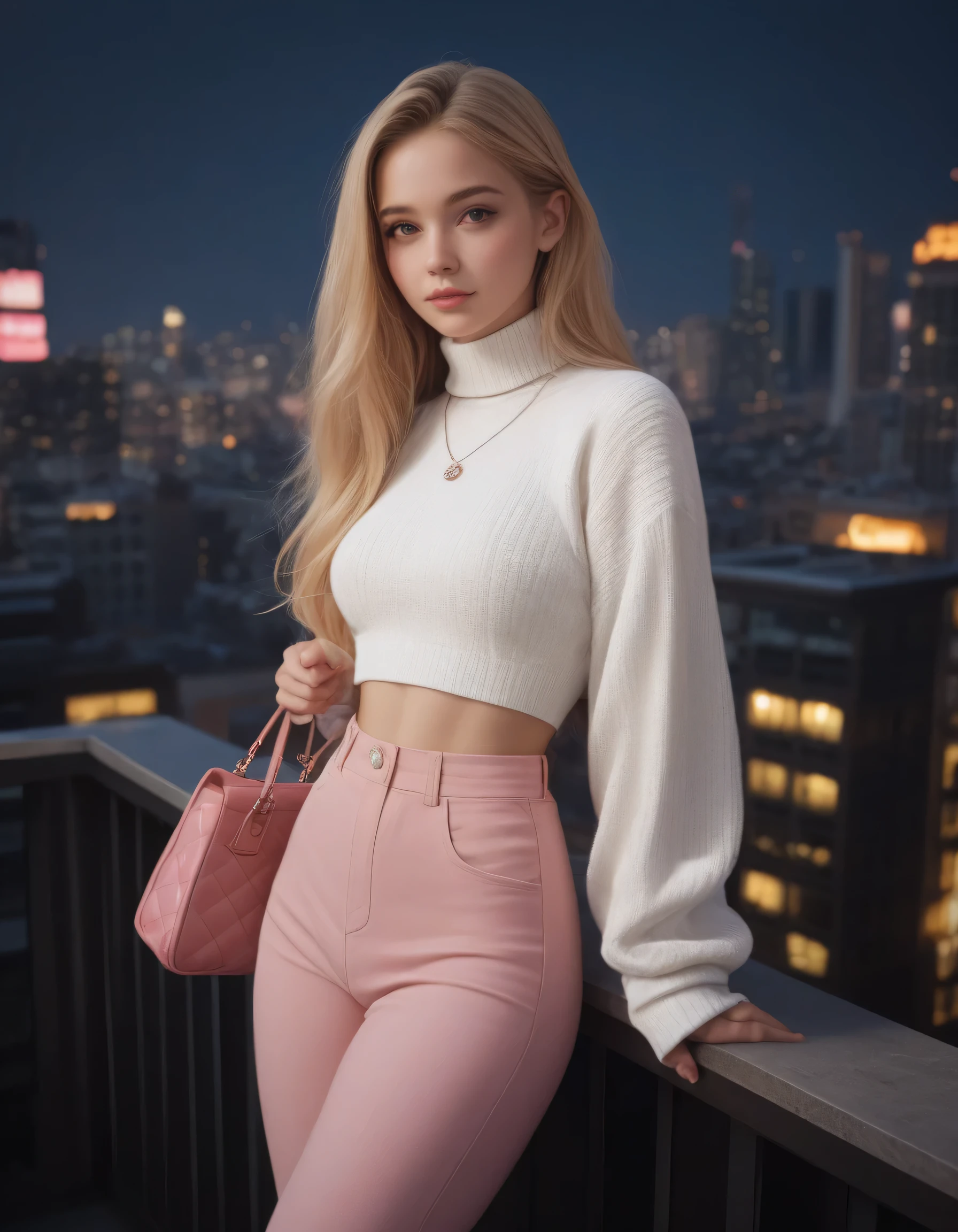 
 beautiful blonde girl,the top stylist ,  wearing a white sweater with a collar and pink glossy pants,  is located on the balcony of a skyscraper with the city at night in the background, in hand, a pink bag , background is blurred,4 model poses , Maximum realism , looks at the camera , long hair 