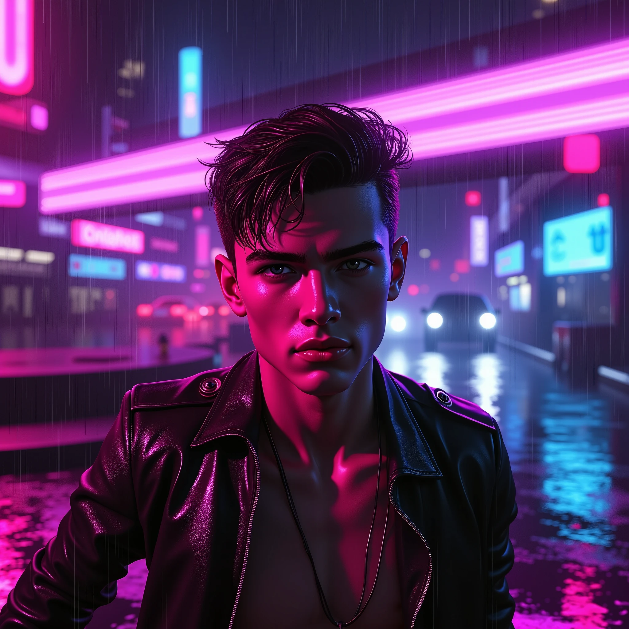 ( masterpiece,  better quality,  High resolution,  32k ,  extremely detailed CG :1), ( unity wallpaper faint illustration on stage :1.0), ((1 handsome young man:1.55 by Cyberpunk :1. 5 dancing in the rain :1.54 )),(( Cyberpunk Night City:1.4)),  neon signs futuristic cars ,dark place rain, (( wet clothes magenta neon lights that illuminate the young man perfectly:1.45) . 32k
