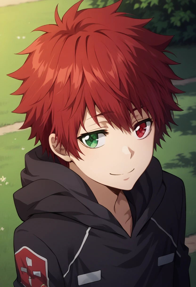 score_9, score_8_up, score_7_up, score_6_up, highly detailed, masterpiece, best quality,detailed,intricate details, amazing quality, best aesthetic, absurdres,source_anime,1 boy,Enma_hyper,red hair,heterochromia,green right eye,red left eye,Long nape hair,smile,black hoodie clothes with hood