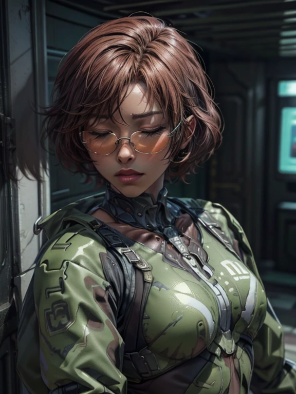 large, plan,  upper body. Short,  red hair,  closed eyes ,  glasses in metal frames, green blazer, turquoise shirt , girl kisses a bearded ,  black-haired man in the elevator. ( masterpiece fails,  top quality ,  Better quality , official art,  beautiful and aesthetic :1.2),  extremely detailed ,( fractal art :1.2), Colorful ,The most detailed. (( skin texture , shiny skin. elegance.  photorealism .  unreal engine .  3d Model.  Ultra high quality textures.  high detail.  8k resolution))