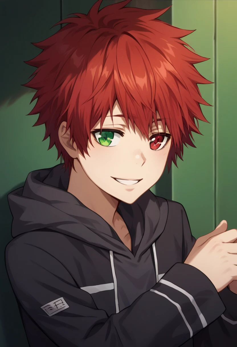 score_9, score_8_up, score_7_up, score_6_up, highly detailed, masterpiece, best quality,detailed,intricate details, amazing quality, best aesthetic, absurdres,source_anime,1 boy,Enma_hyper,red hair,heterochromia,green right eye,red left eye,Long nape hair,smile,black hoodie clothes with hood