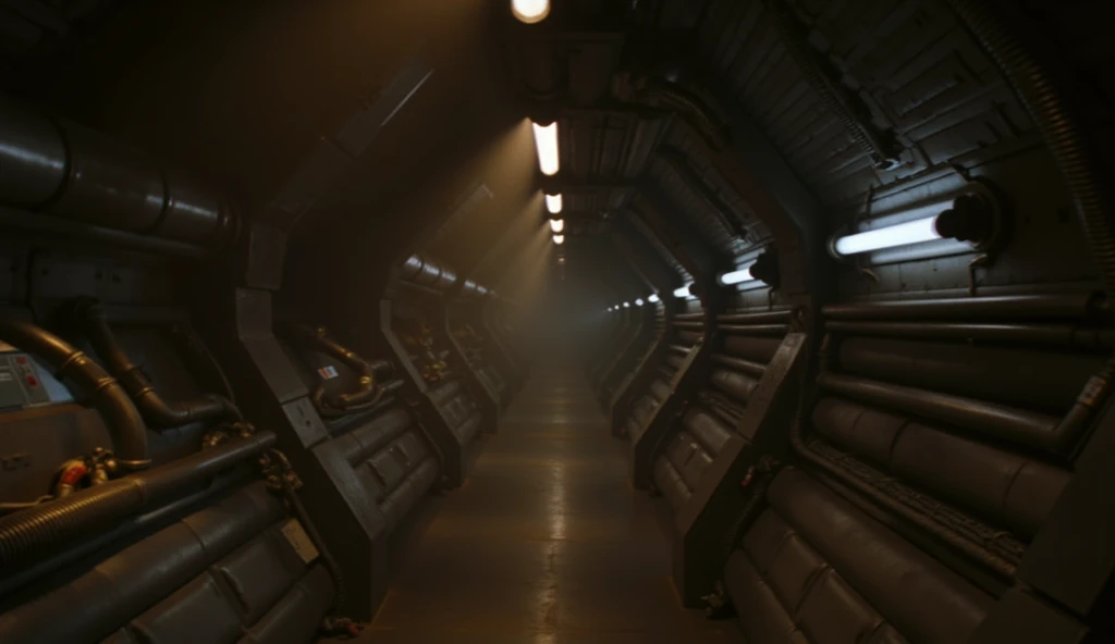 ohwx set design, a photo of  the movie alien romolus sci-fi corridor with dim fluorescent lighting , cinematic lighting