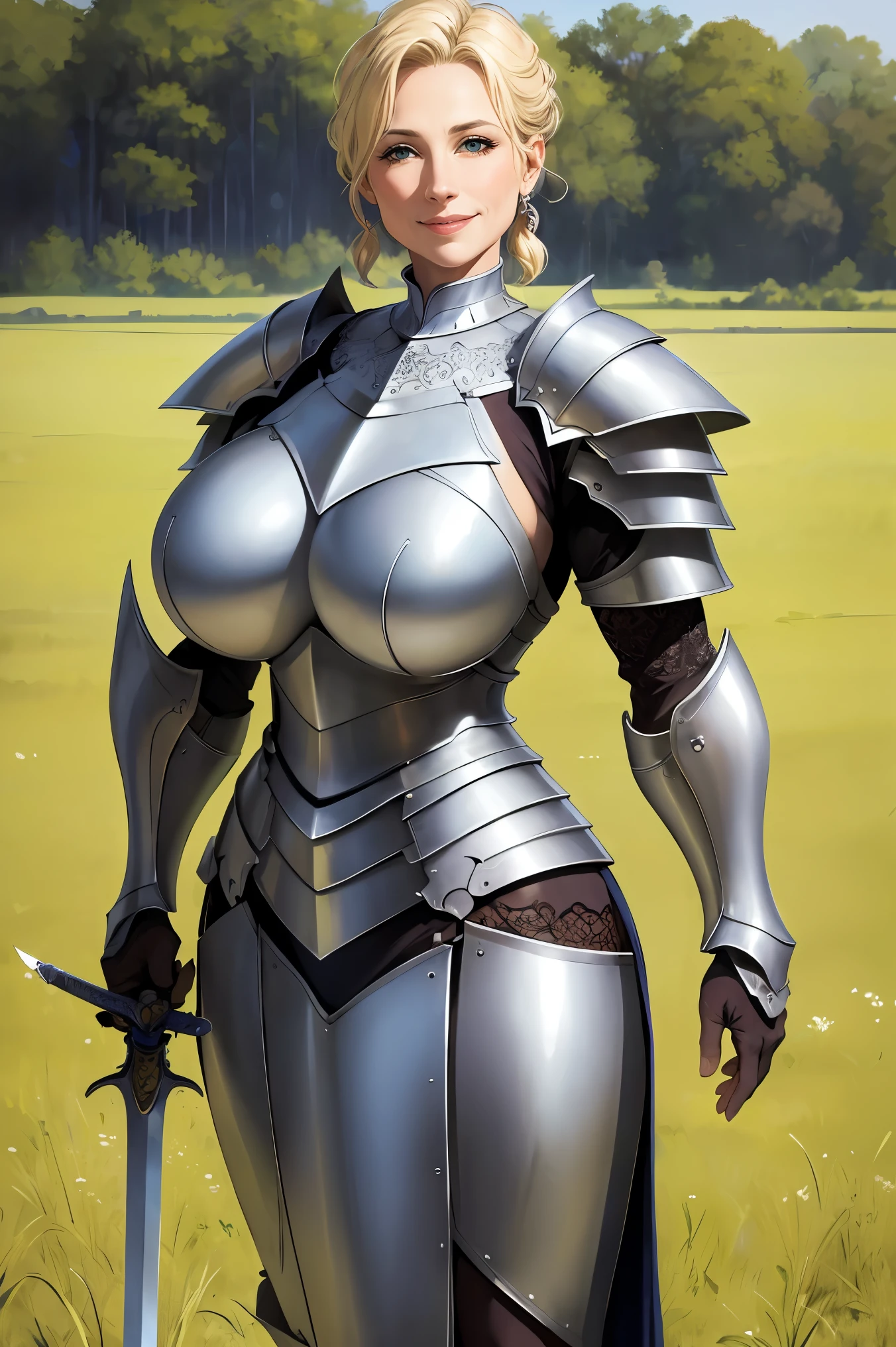 (masterpiece:1.2, best quality), realistic, (real picture, intricate details, beautiful mature American women、blonde Hair、green eyes, smile、Huge veiny Breasts, make up, smiling , parted lips, highly-detailed, gorgeous perfect face, (huge breasts), sagging breasts, veins, thin waist,  wearing a knight armor, armored chest plate, standing in a field, sword in one hand shield on the other