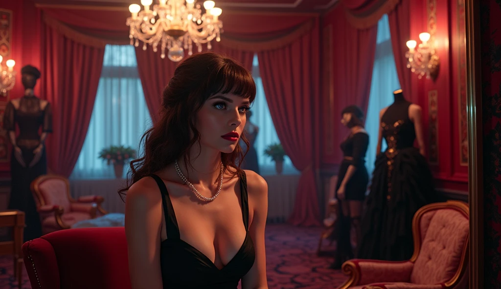 A sexy flapper girl crying in a 1950's night club. Cupping her tits in her hands.