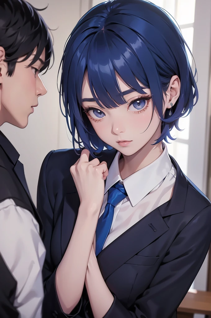 A close up of a person in a suit and socks, a character portrait inspired by Rei Kamoi, Trending on PIXIV,  Digital Art ,  seductive anime, girl in a suit, painted in anime painter's studio, in a strict suit, girl in a suit,  Made with anime couple from the anime painters studio  , in a strict suit, anime moe art style, Woman with short blue hair 