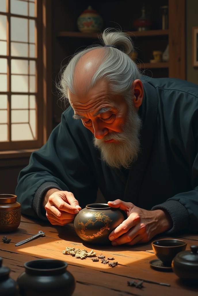 painting inspired by Tomer Hanuka and Victor Mosquera. a japanese old man artisan working on reparing a tea pod with kintsugi technique, symbolizing imperfection, beauty and a story. the scenery is a table on a ancient house at the tea hour. detailed, nostalgy scenery,  detailed art, dark analog palette color, detailed painting, best quality, dynamism, videogame art.