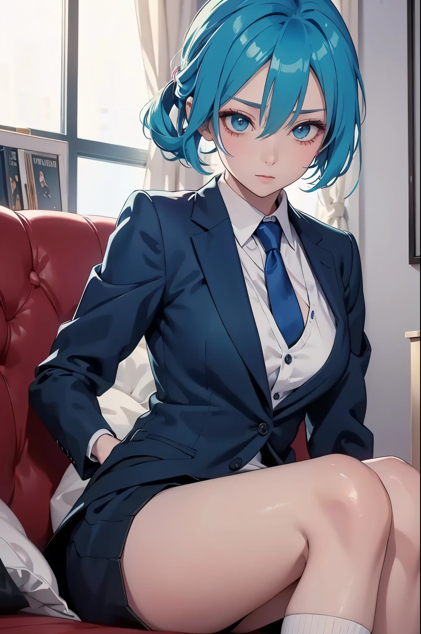 A close up of a person in a suit and socks,  seductive anime, girl in a suit, in a strict suit, painted in anime painter's studio, girl in a suit,  Made with anime couple from the anime painters studio  , in a strict suit, anime moe art style, Woman with short blue hair , Anime girl with blue-green hair,  Female anime character ,  Attractive anime girl , anime cg art soft 