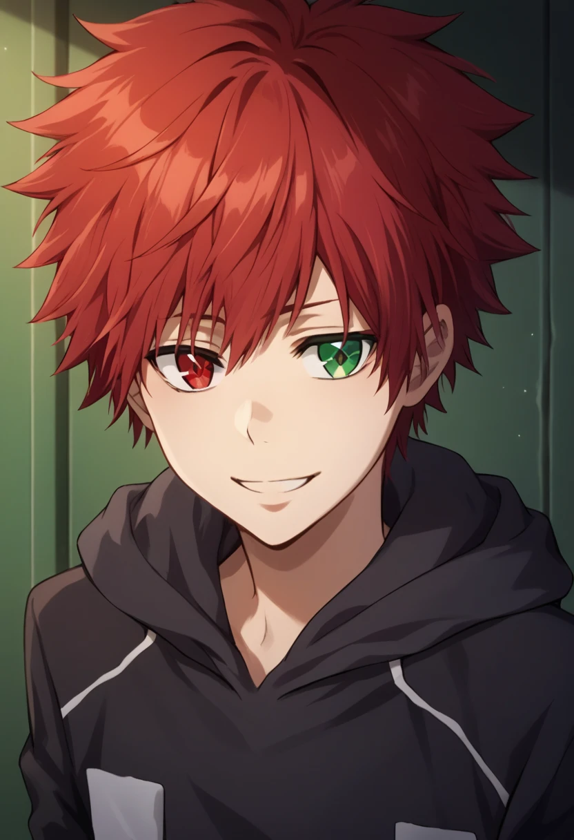 score_9, score_8_up, score_7_up, score_6_up, highly detailed, masterpiece, best quality,detailed,intricate details, amazing quality, best aesthetic, absurdres,source_anime,1 boy,Enma_hyper,red hair,heterochromia,green right eye,red left eye,Long nape hair,smile,black hoodie clothes with hood