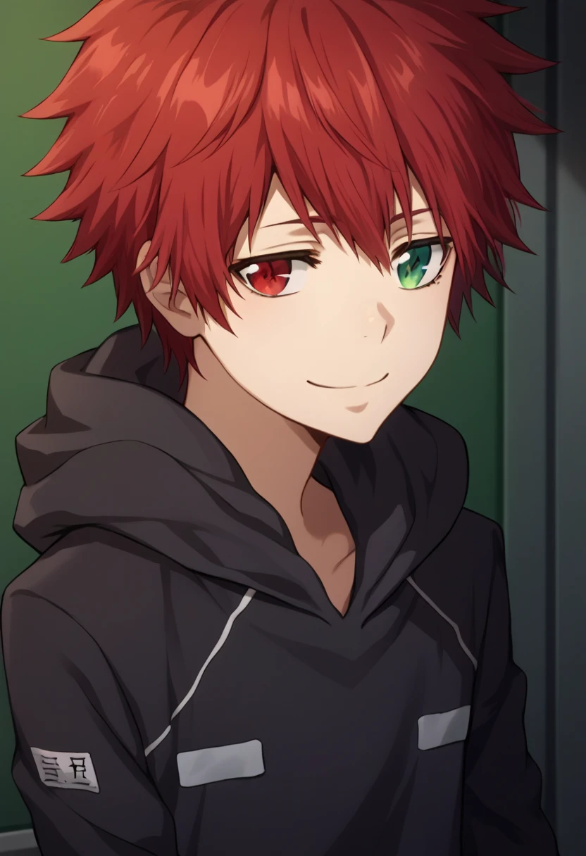 score_9, score_8_up, score_7_up, score_6_up, highly detailed, masterpiece, best quality,detailed,intricate details, amazing quality, best aesthetic, absurdres,source_anime,1 boy,Enma_hyper,red hair,heterochromia,green right eye,red left eye,Long nape hair,smile,black hoodie clothes with hood