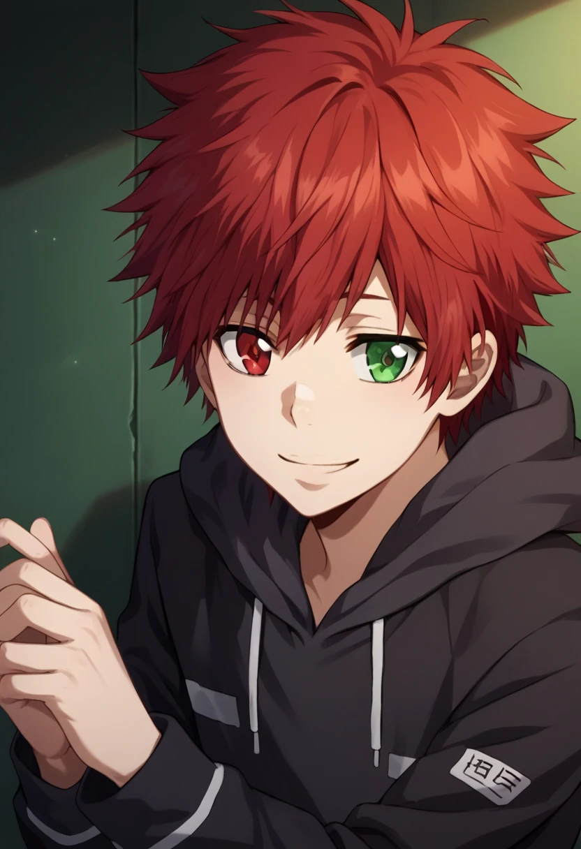 score_9, score_8_up, score_7_up, score_6_up, highly detailed, masterpiece, best quality,detailed,intricate details, amazing quality, best aesthetic, absurdres,source_anime,1 boy,Enma_hyper,red hair,heterochromia,green right eye,red left eye,Long nape hair,smile,black hoodie clothes with hood