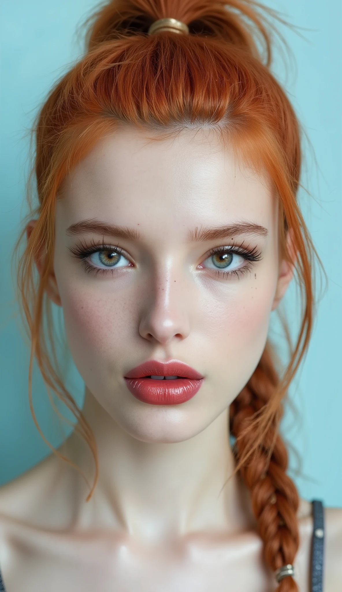 Beautiful albino woman with bright blue eyes, long straigt ginger hair with a ponytail bind up, light turqouse plane background , porcelain skin , Ultra detaild skin, photo ultra-realistic, hyper-detailed , Vogue photo shoot , cinematic, big limps with glossy pink lipstick