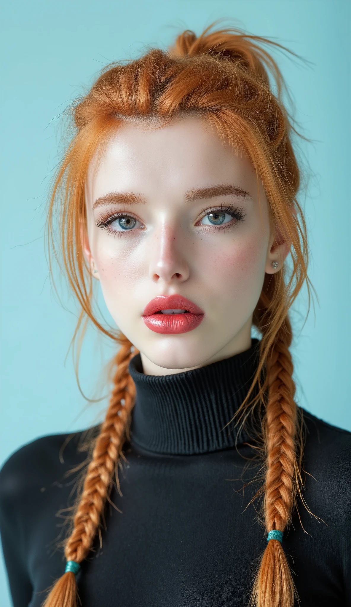 Beautiful albino woman with bright blue eyes, long straigt ginger hair with a ponytail bind up, light turqouse plane background , porcelain skin , Ultra detaild skin, photo ultra-realistic, hyper-detailed , Vogue photo shoot , cinematic, big limps with glossy pink lipstick
