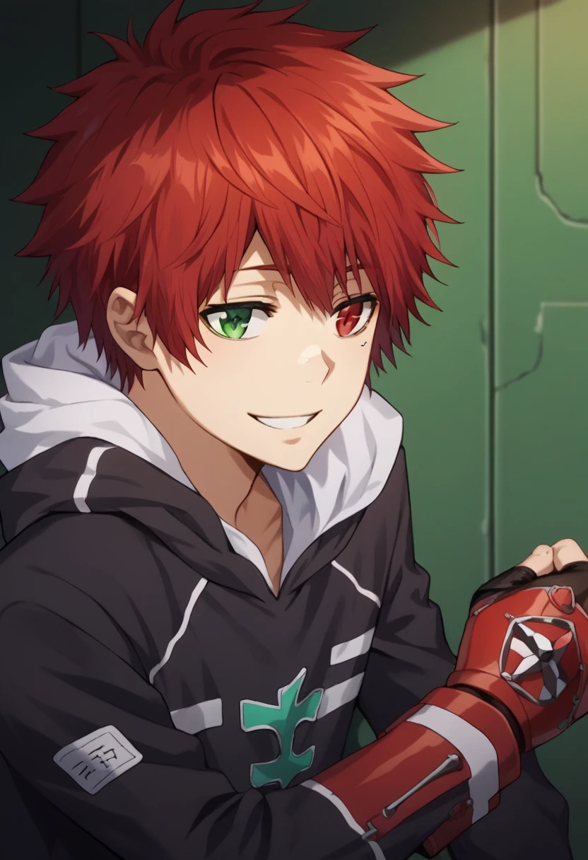 score_9, score_8_up, score_7_up, score_6_up, highly detailed, masterpiece, best quality,detailed,intricate details, amazing quality, best aesthetic, absurdres,source_anime,1 boy,Enma_hyper,red hair,heterochromia,green right eye,red left eye,Long nape hair,smile,black hoodie clothes with hood