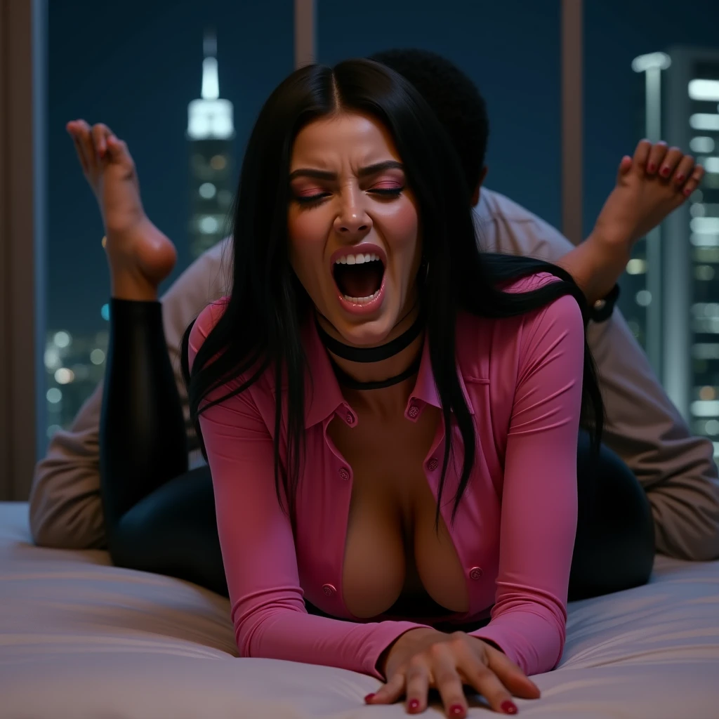 photo realist, horror themed, Underworld Theme, dark element, high quality realistic masterpiece,1 girl, (comely) Japanese woman,Chloe Cherry Lips, lip filler, face detailed, 27 year old, symmetrical eyes,symmetrical face,subtle vampire fangs, violet eyes, long wavy black hair, walking in the dark, misty, misty, moonlit alley,Cloudy moon room in sky in background, moonlit,with fog and shadows, frightful,natta,cinematic lighting,Dress conservatively, wearing a deep purple lace top & black double breasted coat (buttoned up) black closed coat, black medium length black skirt., Fix your hands, Detailed lips