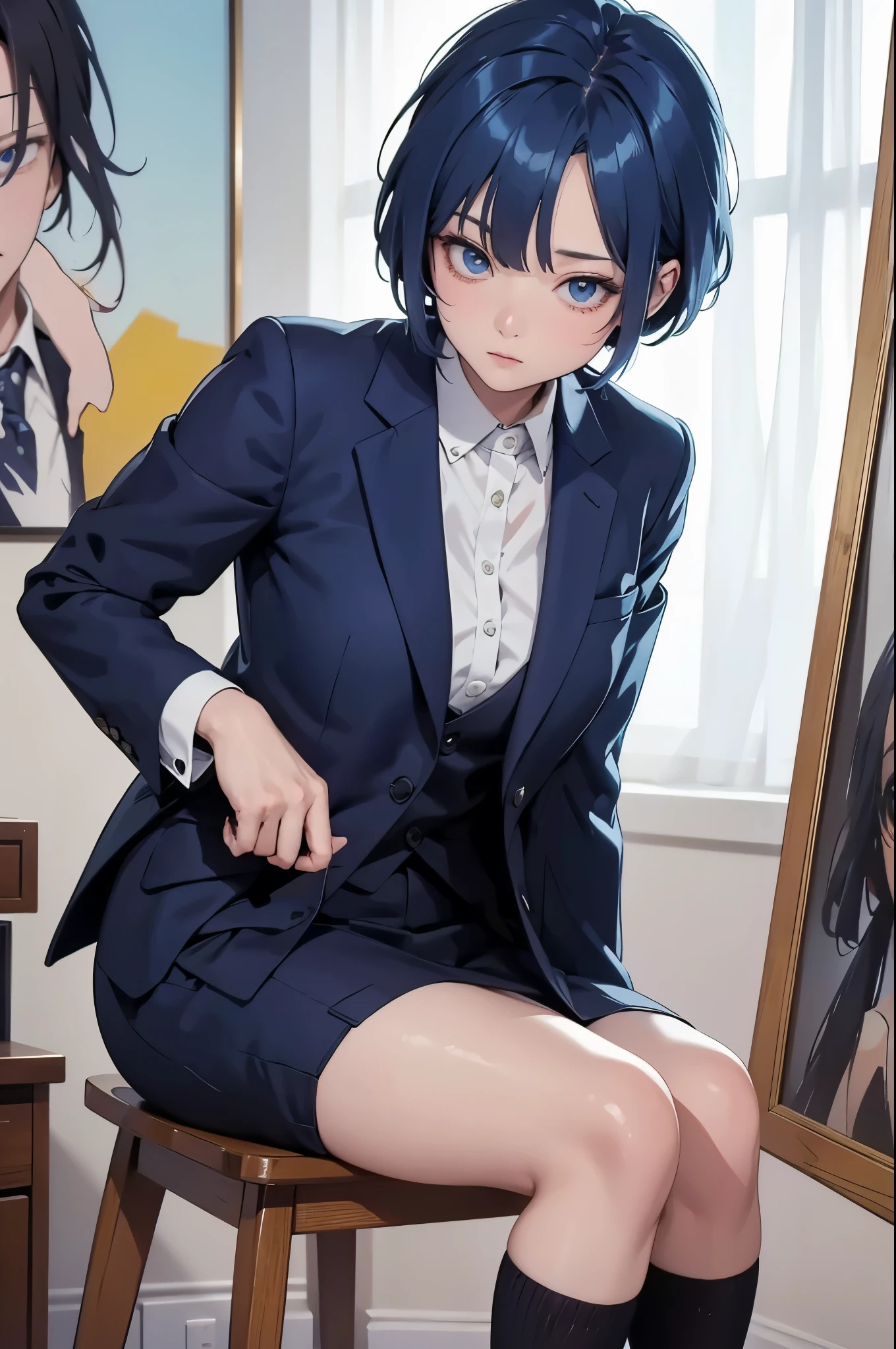 A close up of a person in a suit and socks, a portrait of a character inspired by King Kamoi, Trending on PIXIV,  Digital Art ,  seductive anime, girl in a suit, painted in anime painter's studio, in a strict suit, girl in a suit,  Made with anime couple from the anime painters studio  , in a strict suit, anime moe art style, Woman with short blue hair 