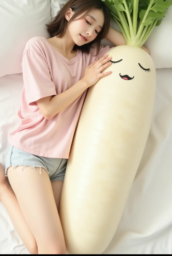 Korean boy cute tight underwear, oiled up, spreading legs in bed, looking attractive, lying straight in bed with cucumber on butt