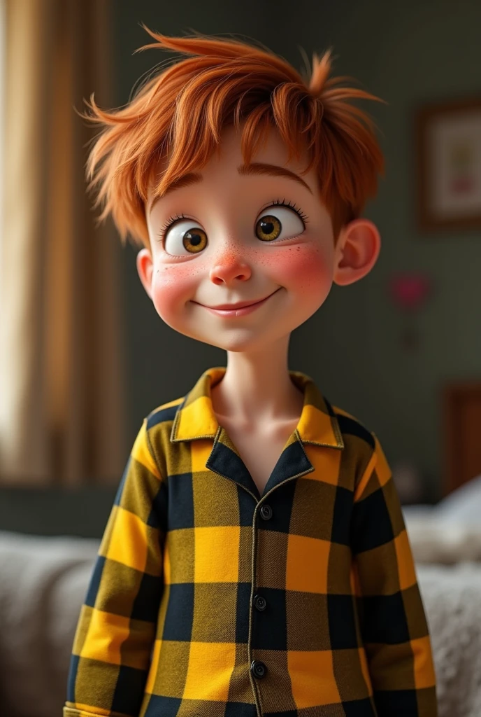A young male teenager with American features from the waist up, realistic texture,in the hallway of an American school filled with lockers. Rebellious curly red hair all over, Above the eyes. Light honey-colored eyes and shorter light lashes, Curvilinear, straight eyebrow. A sweet smile on his face, has prominent cheeks and freckles under his eyes and nose. Small chubby nose, Round face, very white skin. fleshy lips. athletic body. He wears a Queen band t-shirt. Similar to Kit connor.