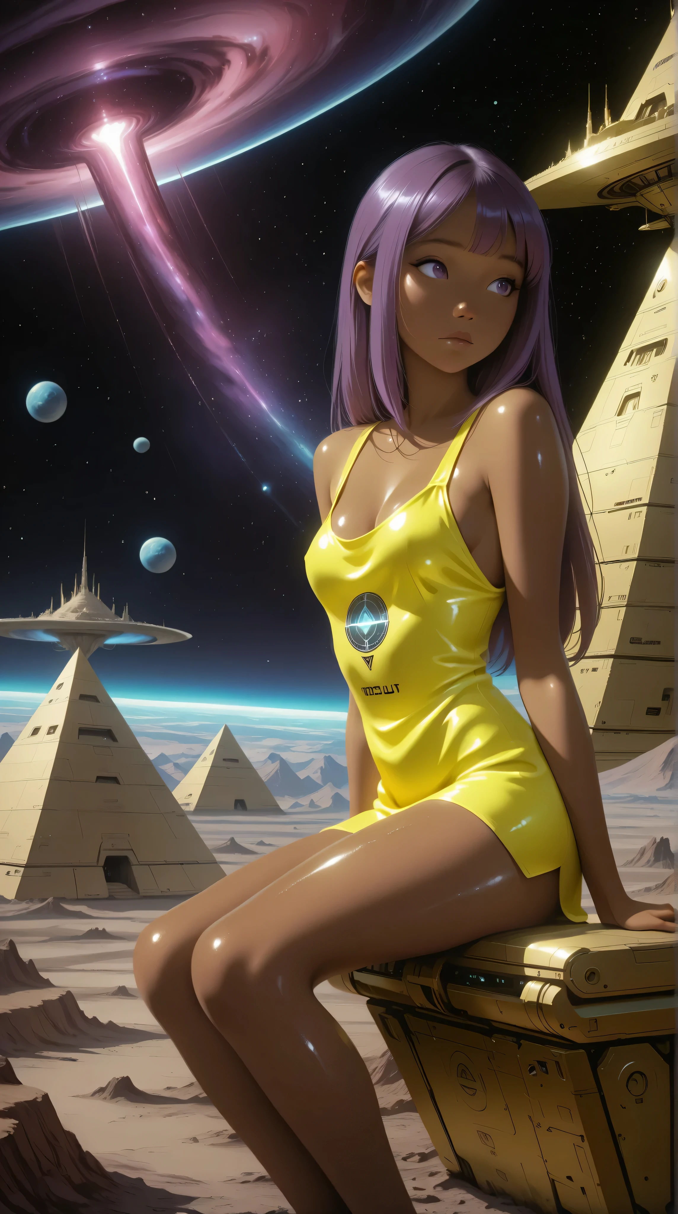 ((best quality)), ((masterpiece)), (detailed), perfect anime waifu girl face, long straight purple hair, neon yellow tunic with a futuristic emblem, brown skin, shiny skin, purple eyes, cute but tough, strange planet, pyramid shaped mountains, strange natural structures, surreal, in the illustrative style of moebius, spaceships, fantasy, sci-fi, graphic novel, line drawing, french retro, Kizi,eyes looking off to side, Highly detailed, Amazing work,Vitreous luster, purples,(((neon yellows))), Best quality at best,shiny skin, neon yellow aky, small breasts, cleavage, sitting, sexy,