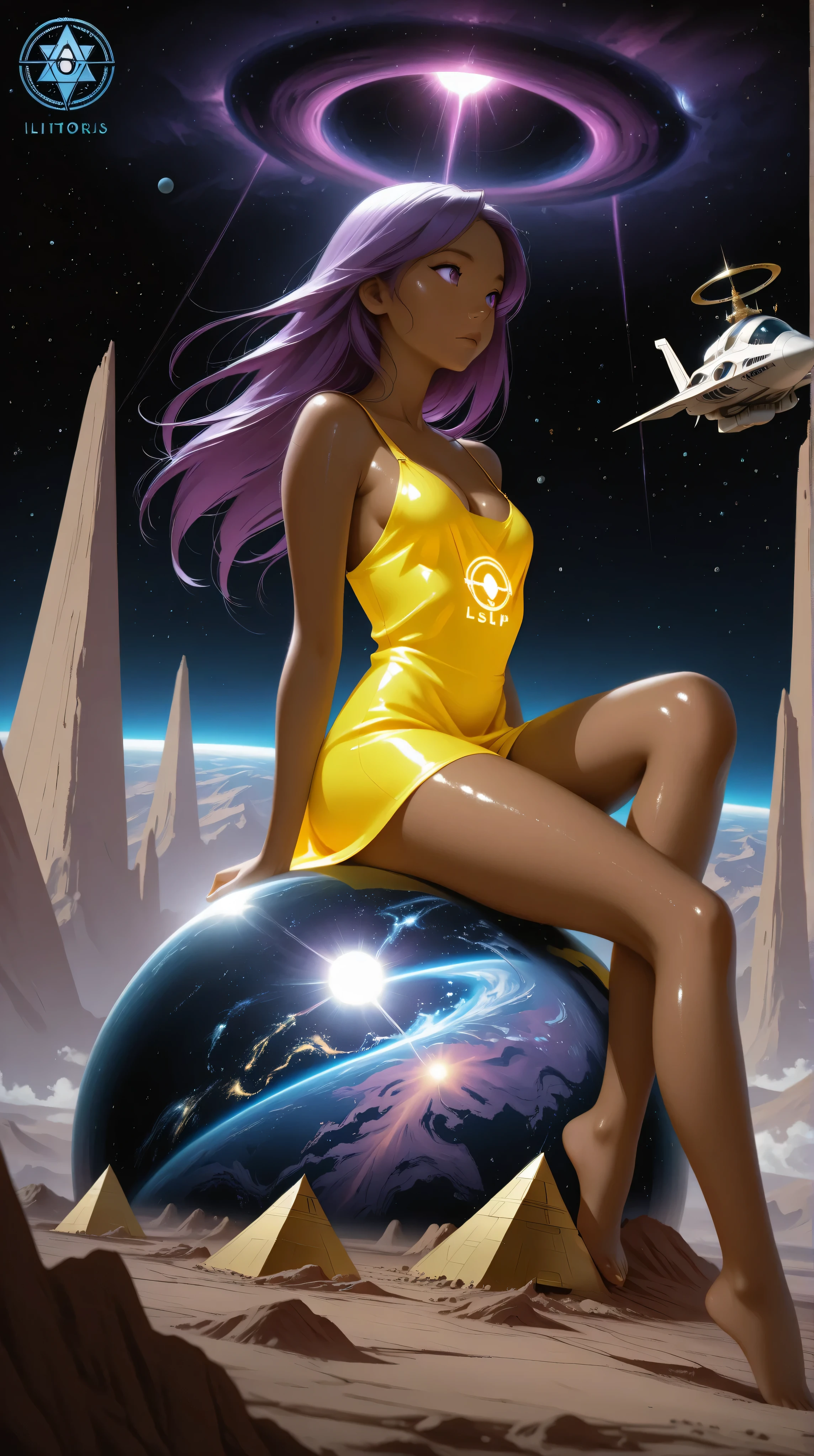 ((best quality)), ((masterpiece)), (detailed), perfect anime waifu girl face, long straight purple hair, neon yellow tunic with a futuristic emblem, brown skin, shiny skin, purple eyes, cute but tough, strange planet, pyramid shaped mountains, strange natural structures, surreal, in the illustrative style of moebius, spaceships, fantasy, sci-fi, graphic novel, line drawing, french retro, Kizi，eyes looking off to side, Highly detailed, Amazing work，Vitreous luster, purples，(((neon yellows))), Best quality at best，shiny skin, neon yellow aky, small breasts, cleavage, sitting, sexy, 