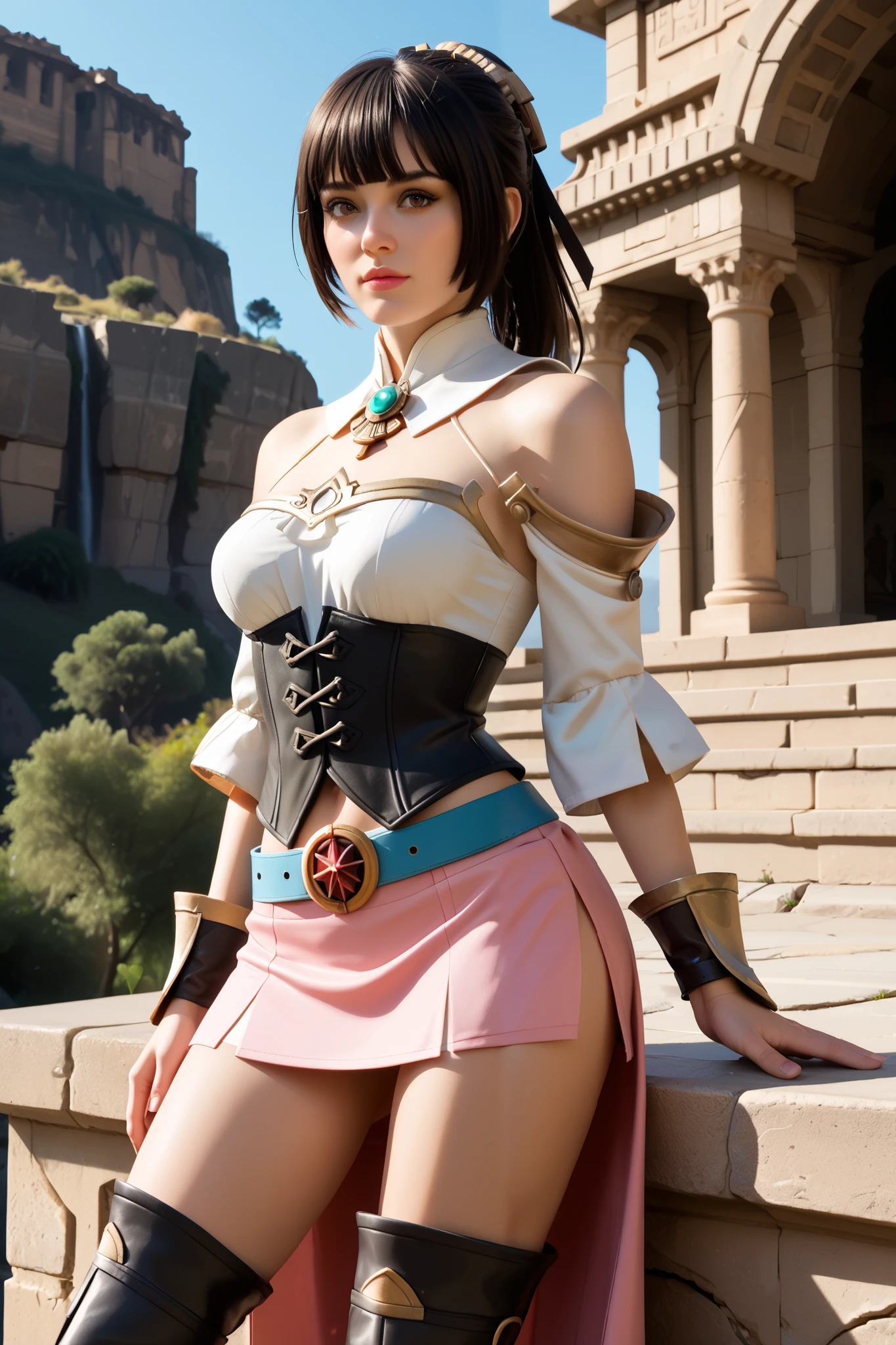 score_9,score_8_up,score_7_up, score_6_up, eve from stellar blade dressed as ashelia b'nargin, ashelia cosplay, brown eyes, black hair, blunt hair bangs, hair fringe, ponytail, detached collar, brooch, white shirt, midriff, detached sleeves, bracer, black corset, pink skirt, microskirt, blue belt, thigh boots, (medium perky breasts), by a ancient stone temple carved into a cliff face, upskirt,, (long legs) thigh high boots,