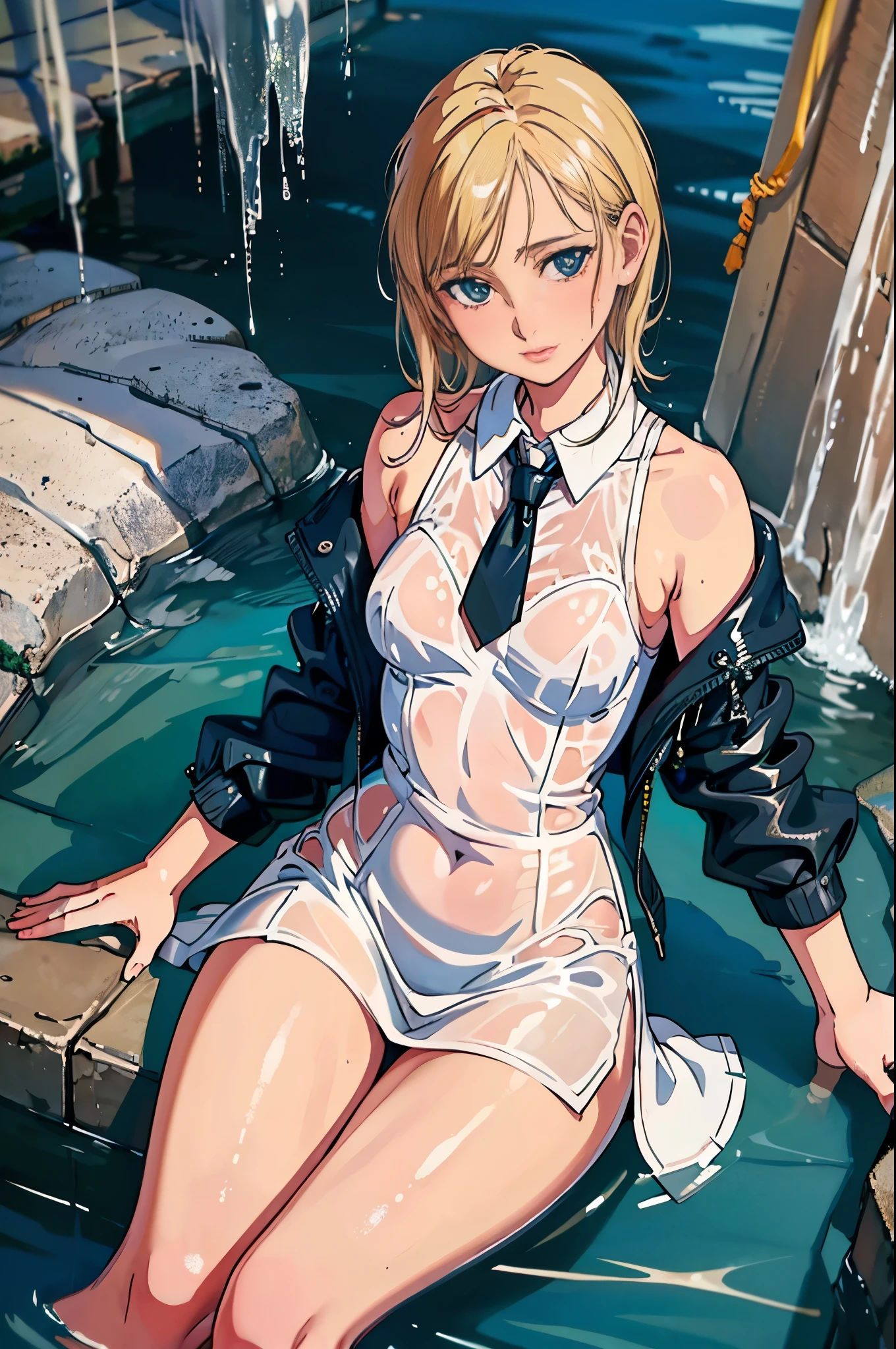 woman in a business suit is sitting in the water, dark woollen suit, white blouse, loose tie, closeup fantasy with water magic, beautiful maiden, tight clothing, wet clothing, realistic oil painting, dripping wet, in water up to her shoulders, beautiful realistic painting, hyperrealist portrait in a river, fully clothed, cute shot, narrow depth of field, 8k, drenched, ((soaked)), dripping water, dripping oil, heavy clothes, soaked in oil, wet all over, rouge lipstick, wet dripping hair, see through, parisdiam0nd