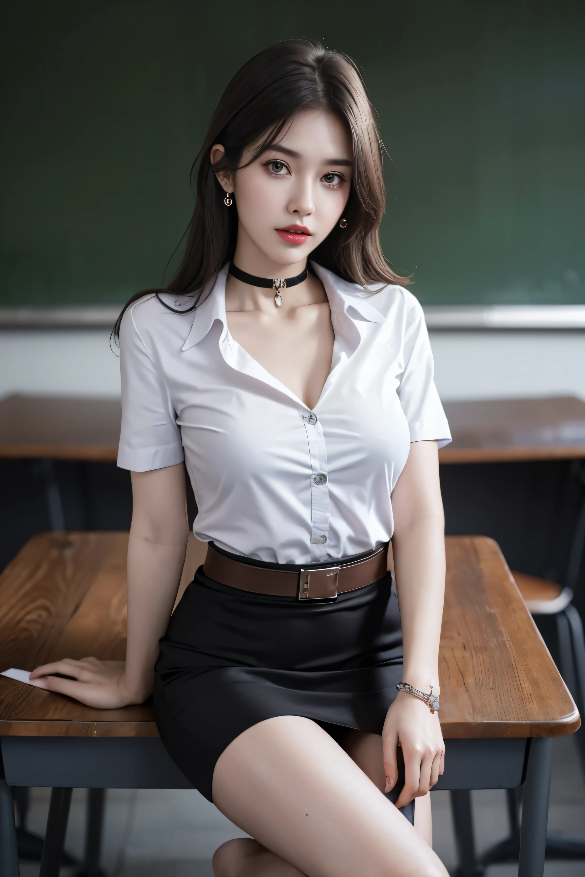 (Masterpiece, best quality, alone, รายละเอียดที่complicated, Chromatic aberration), realistic, ((Moderate breath)), hair on one eye,purple eyes, earring, sharp eyes, choker, (symmetrical eyes),(Perfect symmetrical body),Photo of a beautiful 22 year old girl, Beautiful and charming with contemporary fashion paintings as well..., looking at the audience, ((in the classroom background)), (1 Teen Girl),(black short skirt), (Fitted white short sleeve shirt, Unbuttoning reveals.), ((Short black pencil skirt with side slit)), belt, ((Put your hands down.)),copper blonde hair, bob, round chin, Art lens 85mm, Sharp focus, High resolution 8K, Crazy details, complicated, elegant,sitting on the study table Lift one leg to eye level, legs slightly apart.,big breasts,Big breasts, dynamic gesture, big breasts