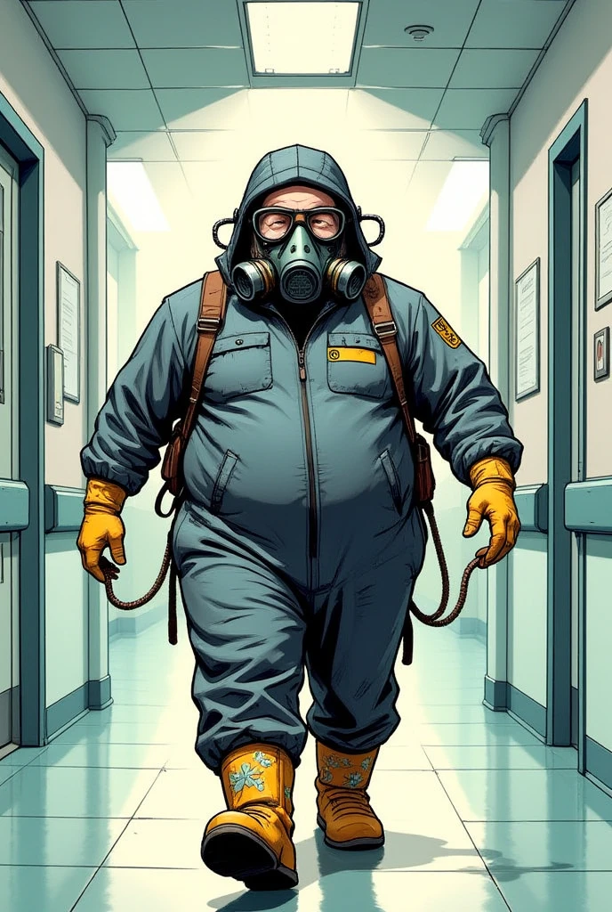  comic hero style character ; pot-bellied,dress with ( protective jumpsuit  {gray bluish}), ( toxic gas protection mask), ( Protective glasses, (protective gloves {yellow}),(Drunken boots {with flower print }), Going unnoticed through a hospital corridor 