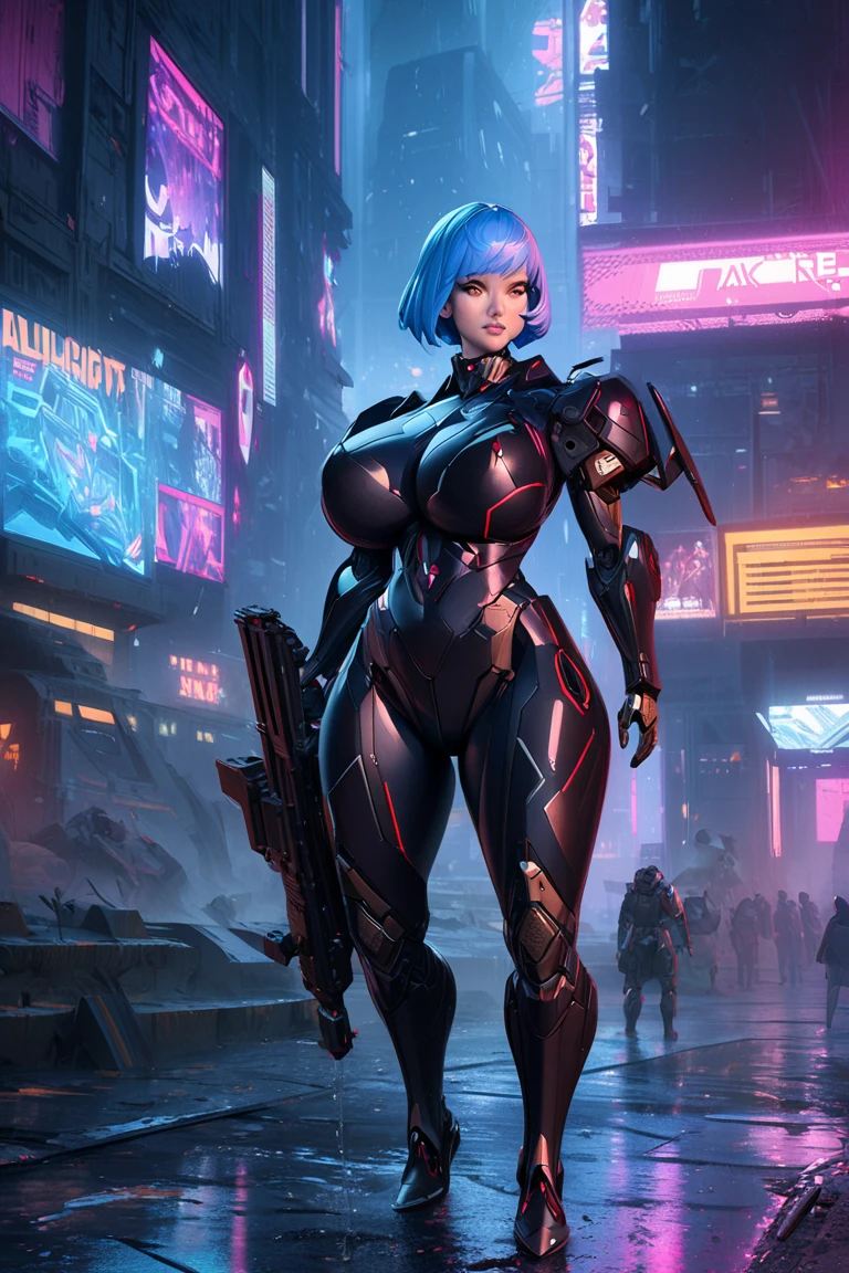 (a closeup:1.4)、(Raw photography:1.2)、(Photorealsitic:1.4)、(masterpiece:1.3)、(top-quality:1.4)、(Beautiful woman with perfect body:1.4)、Woman standing in front of a group of robots、beautiful android woman、Beautiful Female Soldier、Girl in suit、complex combat uniform、beautiful young japanese woman、Highly detailed facial and skin texture、Detailed Big Eyes、二重まぶた、cute face、(Twin-tailed:1.2)、(huge-breasted)、(FULL BODYSHOT)、cowboy shot、(angry expressions:1.2)、Storms and epic war scenes、cyberpunk scene、Night、illuminations、plugsuit、Holding a gun、combat uniform damage、