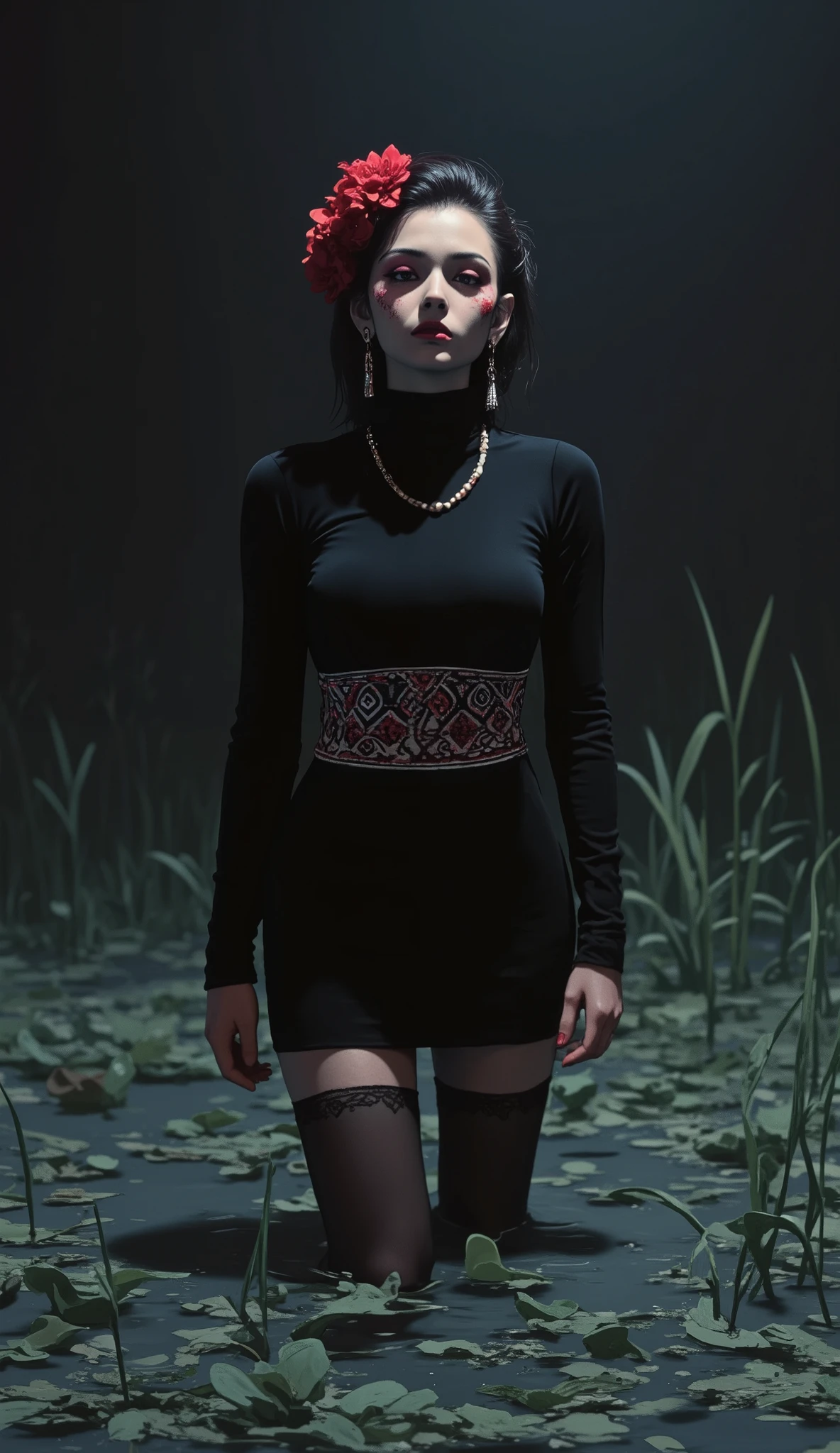   adult psychological drama , intensive studio night light  ,pale woman drowns  ,   grey sludge polluted by duckweeds,  bold ritual victim makeup  , stylish black short tight turtleneck dress with exquisite ethnic pattern accent,reeds,  seductive posing,  stockings,  floral  hairstyle, red  black  white, standing