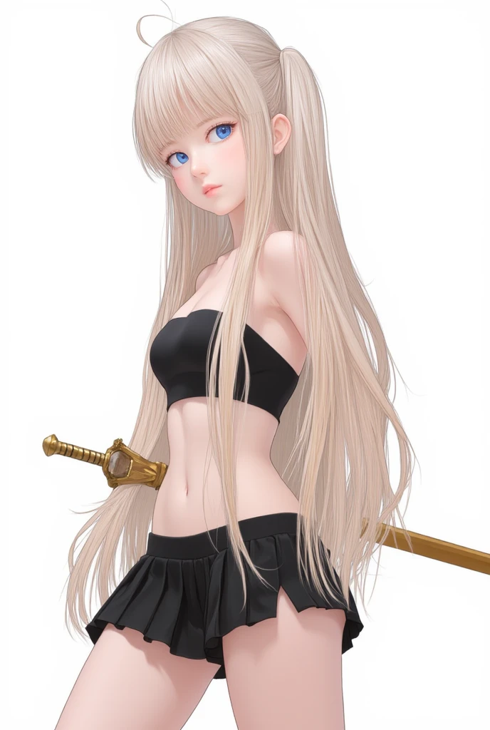 1 , Alone,  Long hair,  High resolution ,  looking at the viewer,  blue eyes,  black strapless bra and small I hope it fits  ,  short school-style skirt and has a cut on the right side . She is holding a golden long sword  .