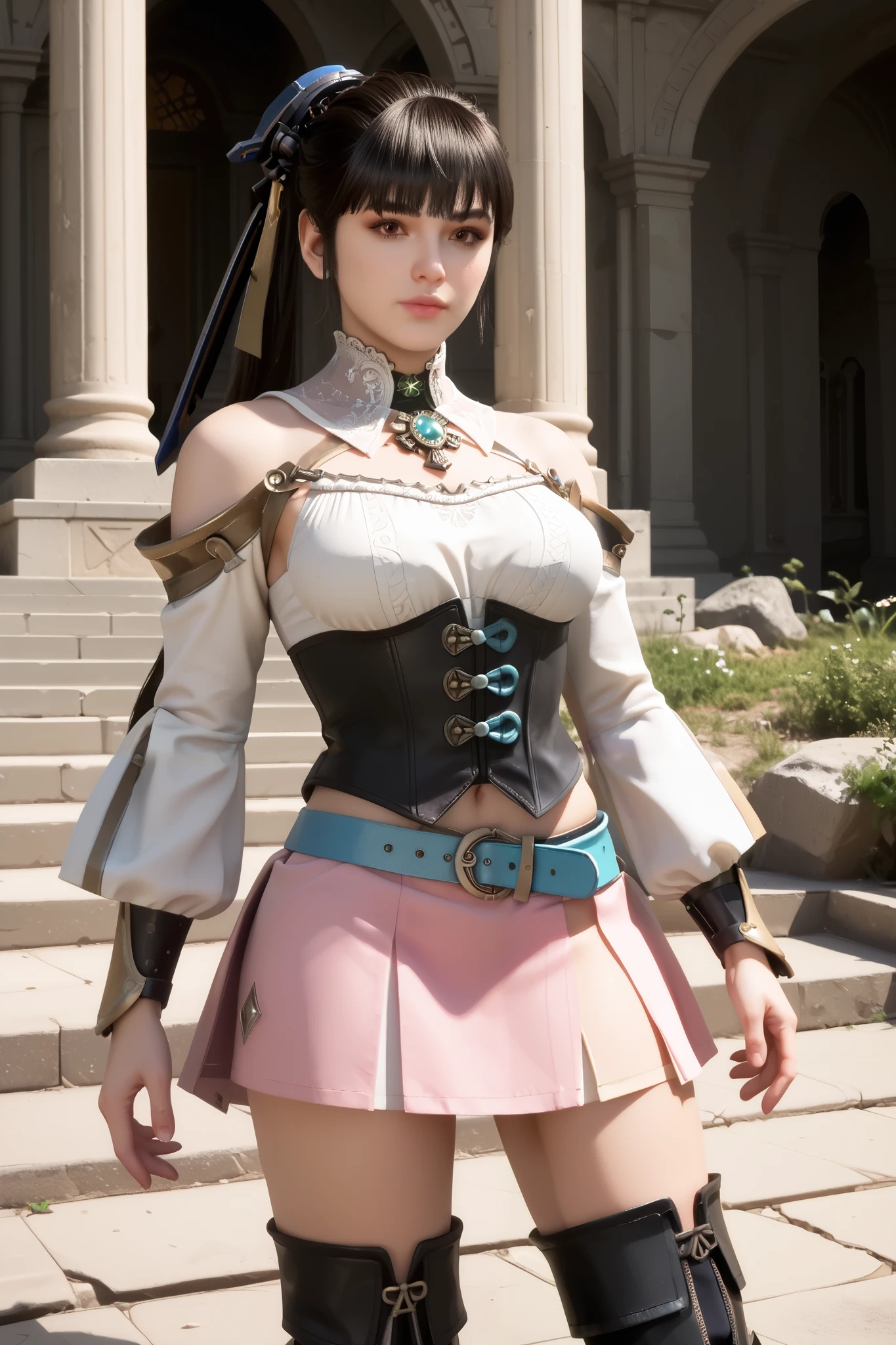 score_9,score_8_up,score_7_up, score_6_up, eve from stellar blade dressed as ashelia b'nargin, ashelia cosplay, brown eyes, black hair, blunt hair bangs, hair fringe, ponytail, detached collar, brooch, white shirt, midriff, detached sleeves, bracer, black corset, pink skirt, microskirt, blue belt, thigh boots, (medium perky breasts), by a ancient stone temple carved into a cliff face, upskirt,, (long legs) thigh high boots,