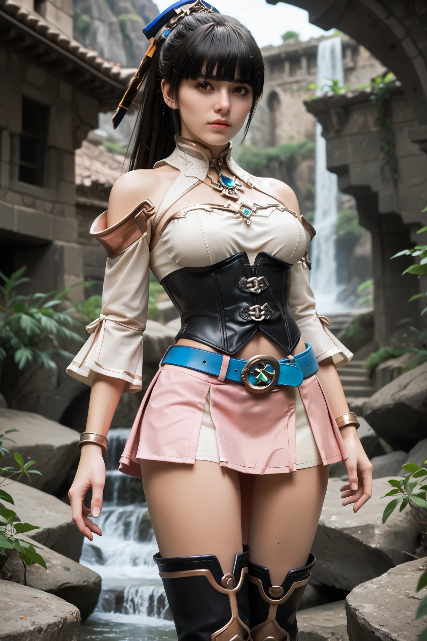 score_9,score_8_up,score_7_up, score_6_up, eve from stellar blade dressed as ashelia b'nargin,  ashelia cosplay, brown eyes, black hair, blunt hair bangs, hair fringe, ponytail, detached collar, brooch, white shirt, midriff, detached sleeves, bracer, black corset, pink skirt, microskirt, blue belt, thigh boots, (medium perky breasts), by a ancient stone temple carved into a cliff face, upskirt,, (long legs) thigh high boots,