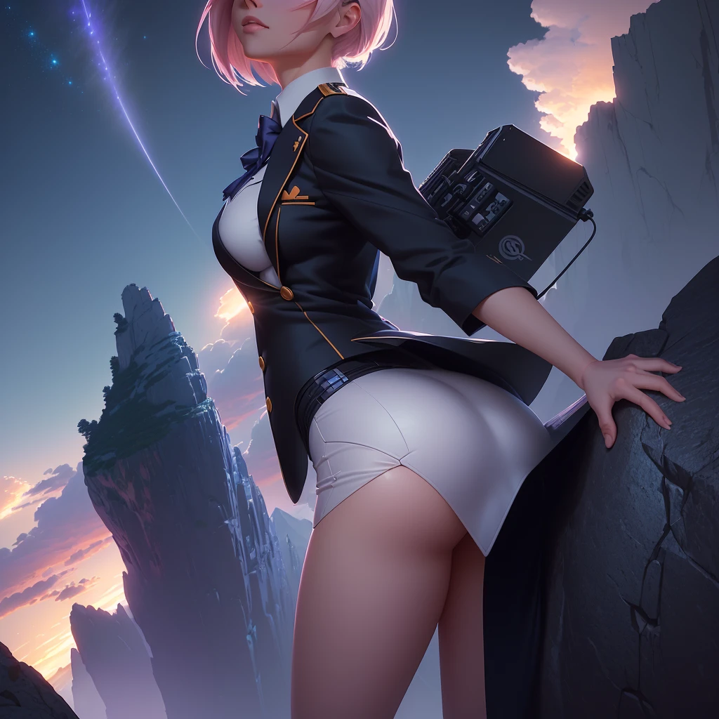 (masterpiece:1.5, Highest quality, Very detailed、 Dutch Angle、Realistic、2.5D、Realistic)(One Girl, Sports Girl, cutegirl)(Grey Hair:1.6,,short hair)(Sports Bra、Jacket:1.5、Shorts、肩にJacketをかける)、((medium breasts, Beautiful cleavage,underboob))(from backside),(Beautiful starry sky、Mystical Night、Particles of light float around the woman、Fantastic space、Looking down on the building)
