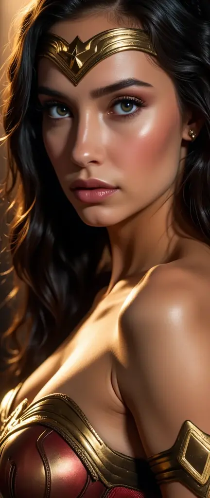 "An artistic nude of Eliana, a 2 mixed-race woman, captured in dramatic lighting that plays with shadows and highlights. The focus is on her silhouette and natural form, with the light accentuating the curves of her body. The background is dark, making her skin tone stand out beautifully in the image."