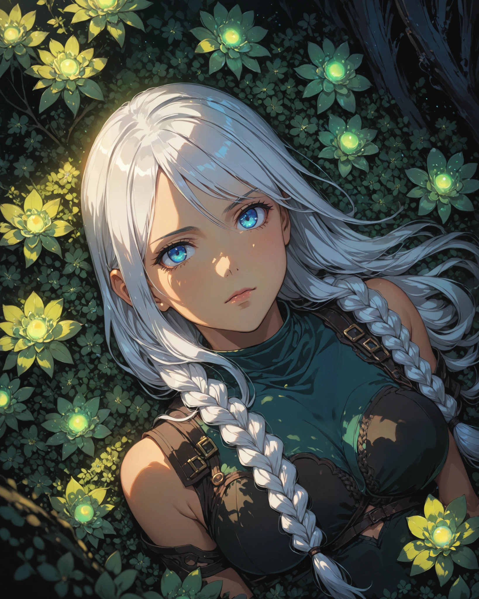 1girl, Aura_Shurifon, blue eyes,white hair, long hair, twin braid, intricate detail, cinematic lighting, amazing quality, amazing shading, detailed Illustration, official artwork, wallpaper, official art, extremely detailed eyes and face, beautiful detailed eyes, looking to the side, ((masterpiece, best quality)), from above, upper body, dutch angle, arms up, laying down in a forest clearing, ((night)), moonlight, surrounded by thousands of ((glowing green flowers)), (afterglow), incandescence, backlighting
