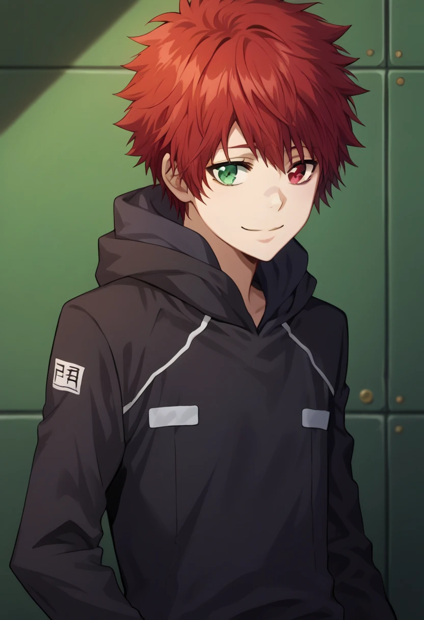 score_9, score_8_up, score_7_up, score_6_up, highly detailed, masterpiece, best quality,detailed,intricate details, amazing quality, best aesthetic, absurdres,source_anime,1 boy,Enma_hyper,red hair,heterochromia,green right eye,red left eye,Long nape hair,smile,black hoodie clothes with hood