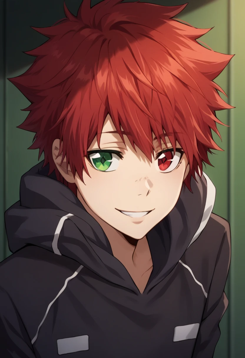 score_9, score_8_up, score_7_up, score_6_up, highly detailed, masterpiece, best quality,detailed,intricate details, amazing quality, best aesthetic, absurdres,source_anime,1 boy,Enma_hyper,red hair,heterochromia,green right eye,red left eye,Long nape hair,smile,black hoodie clothes with hood