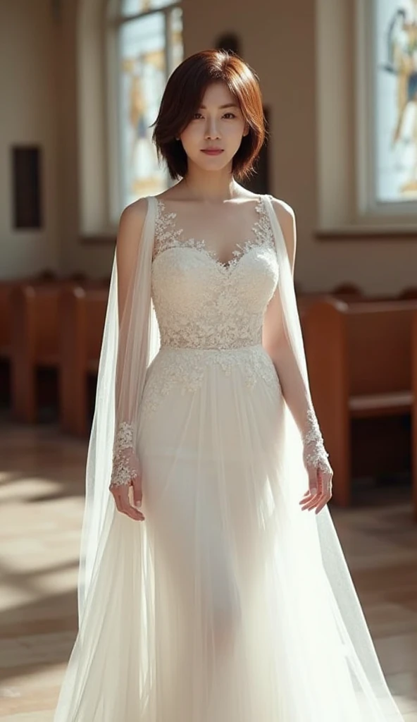 Front view, full body, standing pose,  on church floor Japanese girls 20-age , looking at viewer, Japanese fashion model ,(middle black hair, detail face, cute face, beautiful eyes, Small lips, smile), (middle breasts, middle hip, slender body),(White  Wedding long dress with embroidery, and white see-through veil, white long lace glove, white stocking,  white hi-heal), (masterpiece, Best Quality, high resolution on down, Realistic, sharp, RAW photos from the last century, wallpaper, perfection, Professional Lighting, very detailed)