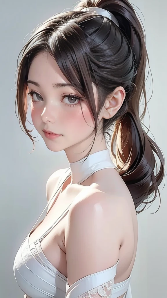 highest quality, realistic, 8K, High resolution, 1 girl, woman, (skin dents), (portrait:0.6), nice, ((white background, naked, small breasts:1.65)), (Brown hair in a ponytail, parted bangs:1.4), looking at the viewer, (1 girl eyes looking at the viewer:1.6), realistic, (Bokeh), (closed mouth, smile:1.3), nice, Pueros face_V1:1,