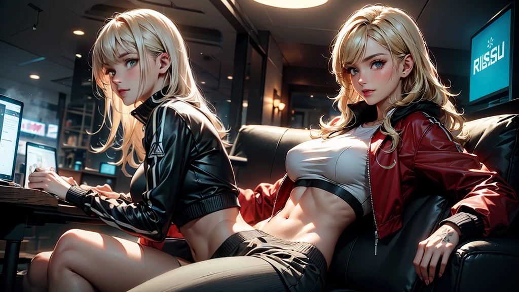 Create a high-quality image of a stunning 18-year-old wolf girl with tan skin. She has long blonde hair and captivating red eyes, wearing a see-through blue tank top that shows her midriff barely covers her nipples and tight sleep shorts. She is sitting on the edge of her bed in a dimly lit, gaming bedroom with the window open, letting in a gentle night breeze. Her posture is alluring, with one leg bent up and the other stretched out, facing the camera seductively. The room is decorated with modern nerdy items, showcasing her love for video games and anime, including a high-end gaming PC, sleek gaming desk, ergonomic gaming chair, and the latest gaming console, as well as stylish anime posters and figurines. The overall ambiance is cozy and intimate, with intricate details enhancing the high-quality visual artistry.