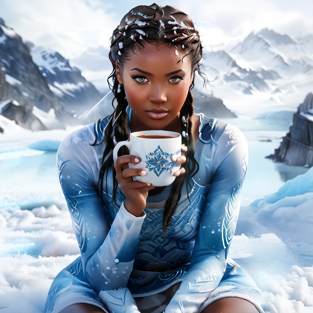 /image type=()
"Realistic high-definition portrait illustration with a mix of anime and realism, based on Katara from Avatar: The Last Airbender, showing intricate and lifelike details in a snowy, ethereal environment."

/person=()
"One woman inspired by Katara, with dark skin and large almond-shaped blue eyes, detailed braids including front braids and long lower braid. Her face is highly detailed with an oval shape, seductive expression, symmetrical body, perfect fingers, hands, feet, and legs. She has a perfect body structure with thick thighs, big ass, and peach breasts. She is sitting while drinking tea, showcasing a relaxed yet powerful aura."

/Scenary=()
"The scene takes place at the North Pole, surrounded by snow mountains with soft snowflakes in the air. The environment reflects her waterbending powers, with realistic details such as frozen water patterns and mist, providing an ethereal backdrop."

/camera angle()
"Front view with a 3/4 angle for a dynamic perspective, capturing the intricacies of her face and body in detail."

/camera lens=()
"Camera Lens: Spring 24mm wide-angle with f/2.0 for a slight depth of field, focusing on the woman’s face and body while maintaining soft blurring in the background."

/render quality=()
"Juggernault XL model rendering with UHD quality, enhanced lighting for realistic skin texture, hair, and background, with 1.4 quality weight focused on vibrant details and lifelike elements."