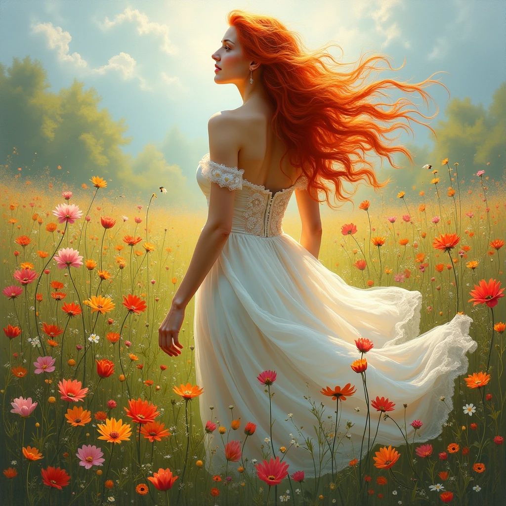 Painting "Woman with red hair in a flower field", gorgeous digital painting, beautiful digital painting, Galen Dara, redhead woman, Stunning digital painting, inspired by Vincent Lefevre, rhads and lois van baarle, Digital oil painting, Author: Mads Mountain, Digital Oil Painting, portrait of a red haired girl, by Igor Grabar
