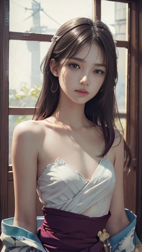 (surreal), (shape), (Improved resolution), (8k), (very detailed), (Best shape), (beautiful and detailed eyes), (highest quality), (Super detailed), (masterpiece ), ( wallpaper), (detailed face), 1 girl, 17 years old, white shawl, lace chest, big breasts, looking at the viewer, small details, detailed face, in the dark, deep shadow, private key, Pure erotic face ace_v1, smile, long hair, black straight hair , 46 point diagonal bangs
