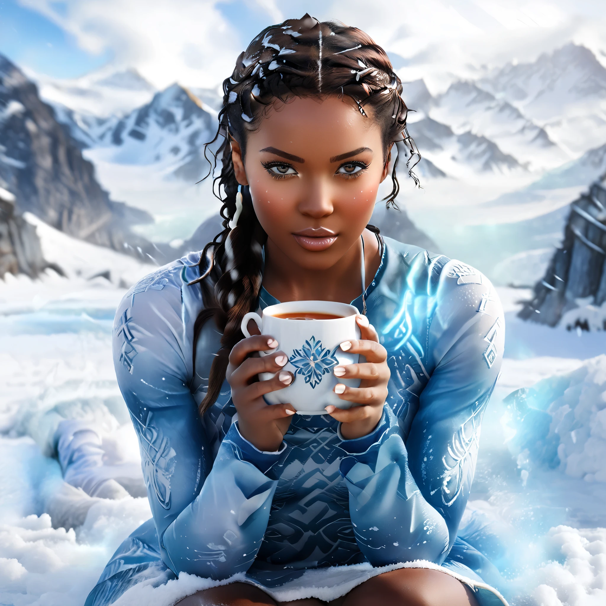 /image type=()
"Realistic high-definition portrait illustration with a mix of anime and realism, based on Katara from Avatar: The Last Airbender, showing intricate and lifelike details in a snowy, ethereal environment."

/person=()
"One woman inspired by Katara, with dark skin and large almond-shaped blue eyes, detailed braids including front braids and long lower braid. Her face is highly detailed with an oval shape, seductive expression, symmetrical body, perfect fingers, hands, feet, and legs. She has a perfect body structure with thick thighs, big ass, and peach breasts. She is sitting while drinking tea, showcasing a relaxed yet powerful aura."

/Scenary=()
"The scene takes place at the North Pole, surrounded by snow mountains with soft snowflakes in the air. The environment reflects her waterbending powers, with realistic details such as frozen water patterns and mist, providing an ethereal backdrop."

/camera angle()
"Front view with a 3/4 angle for a dynamic perspective, capturing the intricacies of her face and body in detail."

/camera lens=()
"Camera Lens: Spring 24mm wide-angle with f/2.0 for a slight depth of field, focusing on the woman’s face and body while maintaining soft blurring in the background."

/render quality=()
"Juggernault XL model rendering with UHD quality, enhanced lighting for realistic skin texture, hair, and background, with 1.4 quality weight focused on vibrant details and lifelike elements."