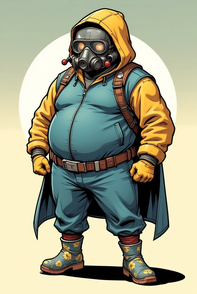  comic hero style character ; little belly, dress with (protective jumpsuit with hood {gray bluish}), ( protective mask against toxic gases), ( Protective glasses, (protective gloves {yellow}),((Drunken boots {with flower print })),