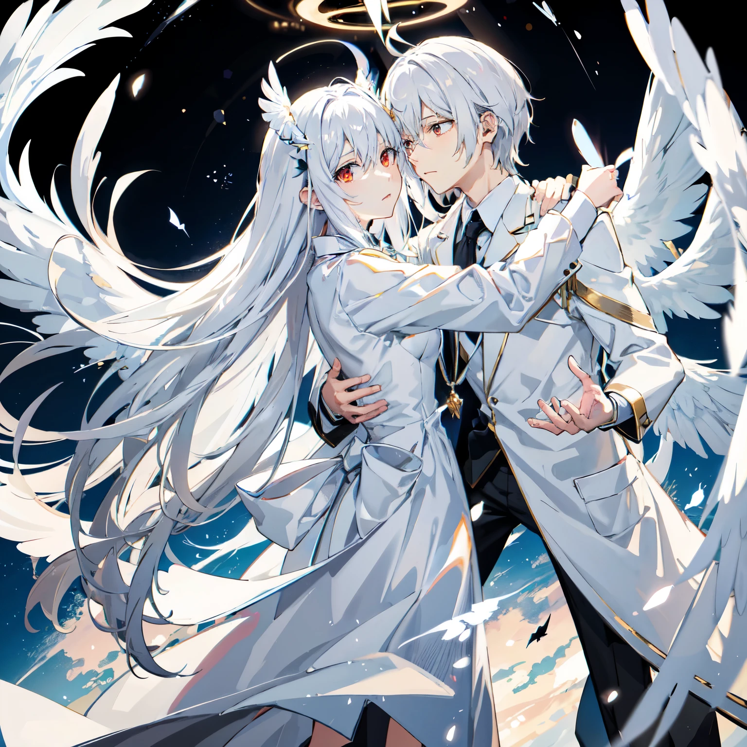 Anime couple hugging and kissing ,  long scarf red color  , Looking forward Man in formal suit wearing a white and platinum lab coat above Man,red eyes, cabello largo color platino anime angel con alas y un halo por encima de la cabeza, anime wallpaper , bíblico preciso angel , angelic, ,  glowing angelic being  , an angel, angelical, hd anime wallpaper , Night, angel, ascension,  Big shiny white wings , , Angelic and Disturbing  , the lilies, ethereal anime, angelic angel alas de angel, white-haired deity,  Glowing Angelic Being , Angelic halo, sacred halo, Un angel,  snowy anime background ,  winner of the pixiv , The Angel of Death with a halo, anime wallpaper, angelic and disturbing,  orange halo around her head ,  ray of light through white hair, bright halo above his head, Looking forward Man in formal suit wearing a white and platinum lab coat above Man,red eyes, cabello largo color platino anime angel con alas y un halo por encima de la cabeza, anime wallpaper , bíblico preciso angel , angelic, angel  glowing angelic being  ,  angel, angelical,  anime wallpaper , Night, angel, ascension,  Big shiny white wings , , Angelic and Disturbing  , the lilies, ethereal anime, angelic halo con alas de angel, white-haired deity,  Glowing Angelic Being , Angelic halo, sacred halo, Un angel, ,  orange halo around her head ,  ray of light through white hair, bright halo above his head, ANGEL HALO shiny white and platinum , masterpiece,  angry face, Ojos rojos,  close up , swirling wind, snowy background ,  ANGEL HALO shiny white and platinum , masterpiece, angry face, Ojos rojos,  close up , swirling wind, snowy background ,  lab coat color white and platinum formal outfit platinum color formal attire complex snowy background 